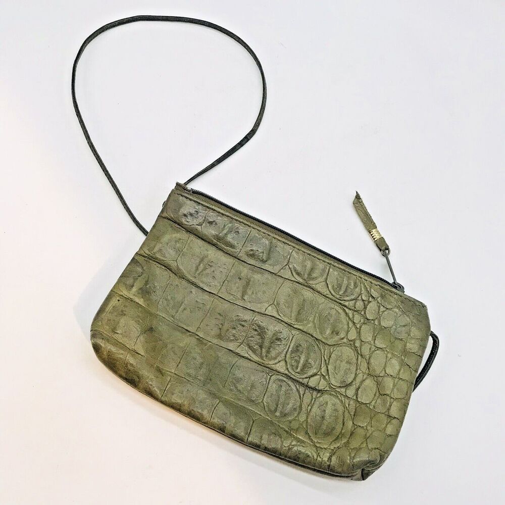 Vintage Green Mountain Croc Leather Shoulder Crossbody Bag Zip Top Made in USA